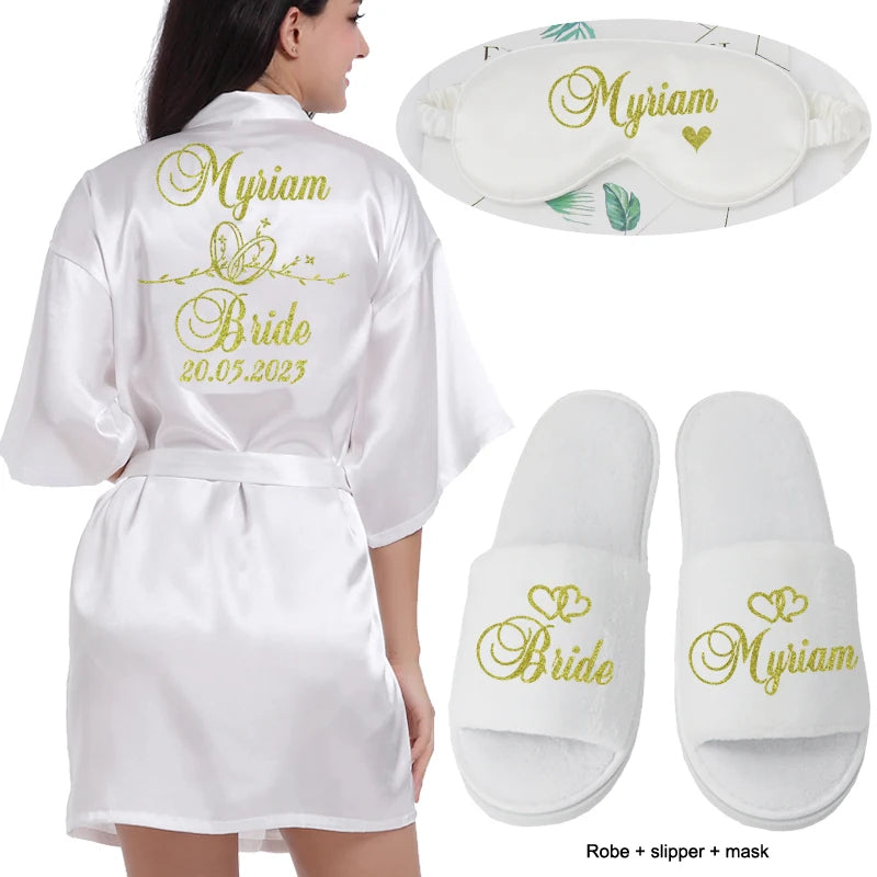 Customized Logo Wedding Date Name Bathrobe Faux Silk Bridal Robe Bride Bridesmaid Wedding Robes Woman Bachelorette Preparewear