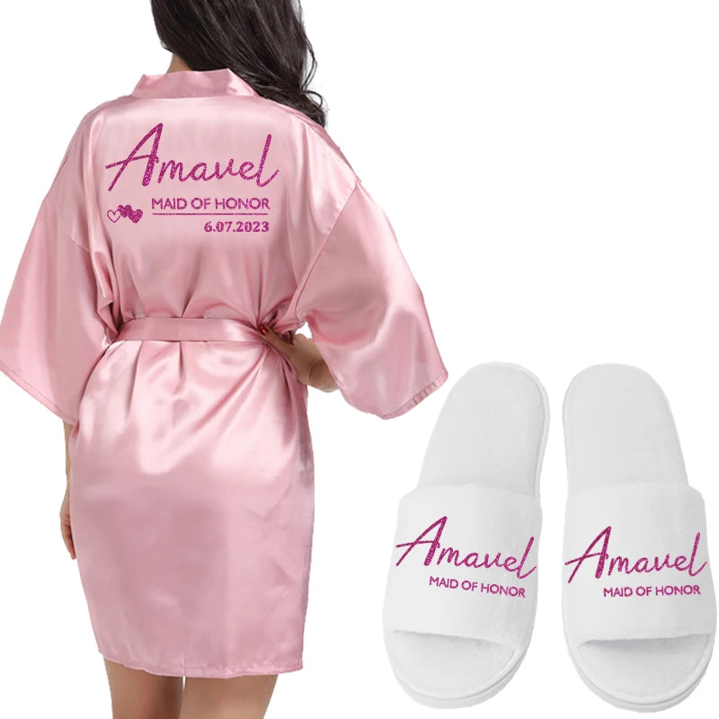 Customized Logo Wedding Date Name Bathrobe Faux Silk Bridal Robe Bride Bridesmaid Wedding Robes Woman Bachelorette Preparewear