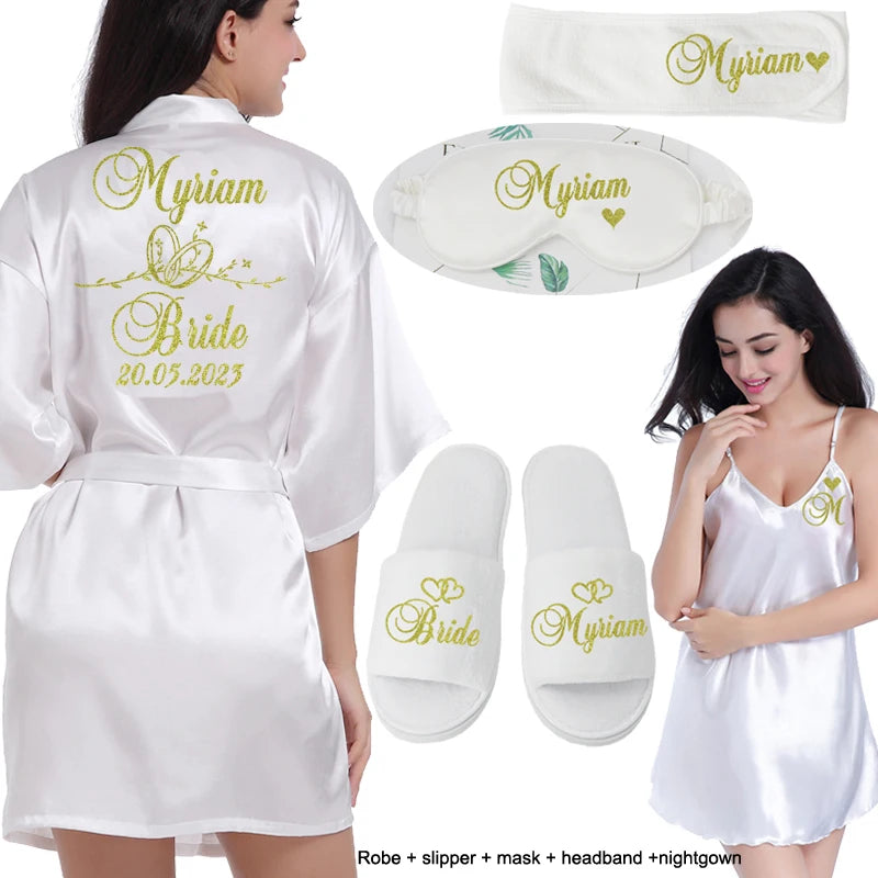 Customized Logo Wedding Date Name Bathrobe Faux Silk Bridal Robe Bride Bridesmaid Wedding Robes Woman Bachelorette Preparewear