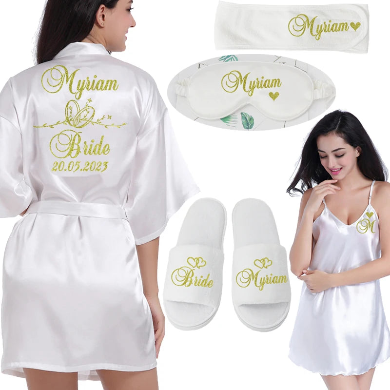 Customized Logo Wedding Date Name Bathrobe Faux Silk Bridal Robe Bride Bridesmaid Wedding Robes Woman Bachelorette Preparewear