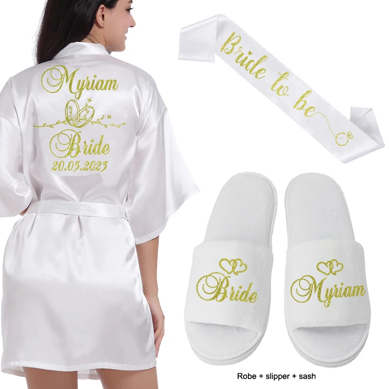 Customized Logo Wedding Date Name Bathrobe Faux Silk Bridal Robe Bride Bridesmaid Wedding Robes Woman Bachelorette Preparewear