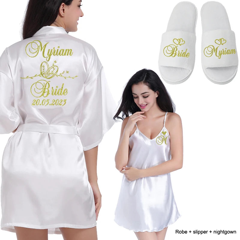 Customized Logo Wedding Date Name Bathrobe Faux Silk Bridal Robe Bride Bridesmaid Wedding Robes Woman Bachelorette Preparewear