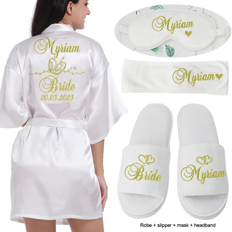 Customized Logo Wedding Date Name Bathrobe Faux Silk Bridal Robe Bride Bridesmaid Wedding Robes Woman Bachelorette Preparewear