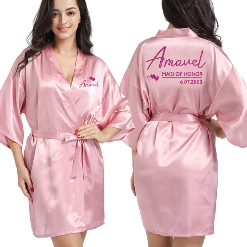 Customized Logo Wedding Date Name Bathrobe Faux Silk Bridal Robe Bride Bridesmaid Wedding Robes Woman Bachelorette Preparewear