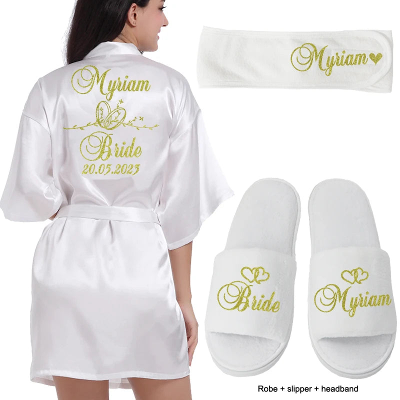 Customized Logo Wedding Date Name Bathrobe Faux Silk Bridal Robe Bride Bridesmaid Wedding Robes Woman Bachelorette Preparewear