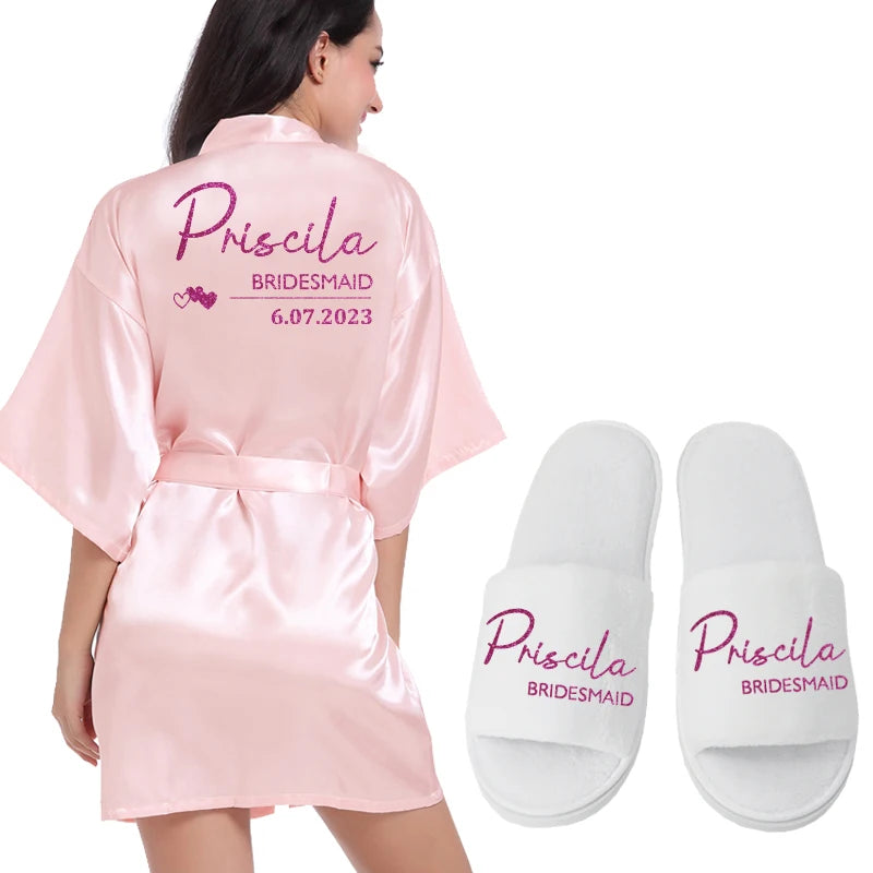 Customized Logo Wedding Date Name Bathrobe Faux Silk Bridal Robe Bride Bridesmaid Wedding Robes Woman Bachelorette Preparewear